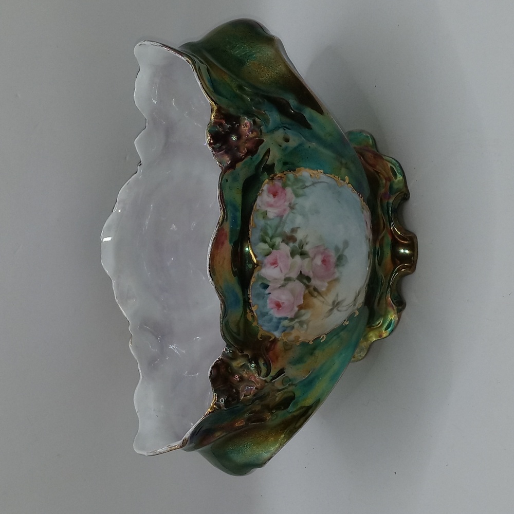 Gorgeous Antique Hand Painted and Signed Luster Ware and Roses Centerpiece Bowl - Picture 2 of 11